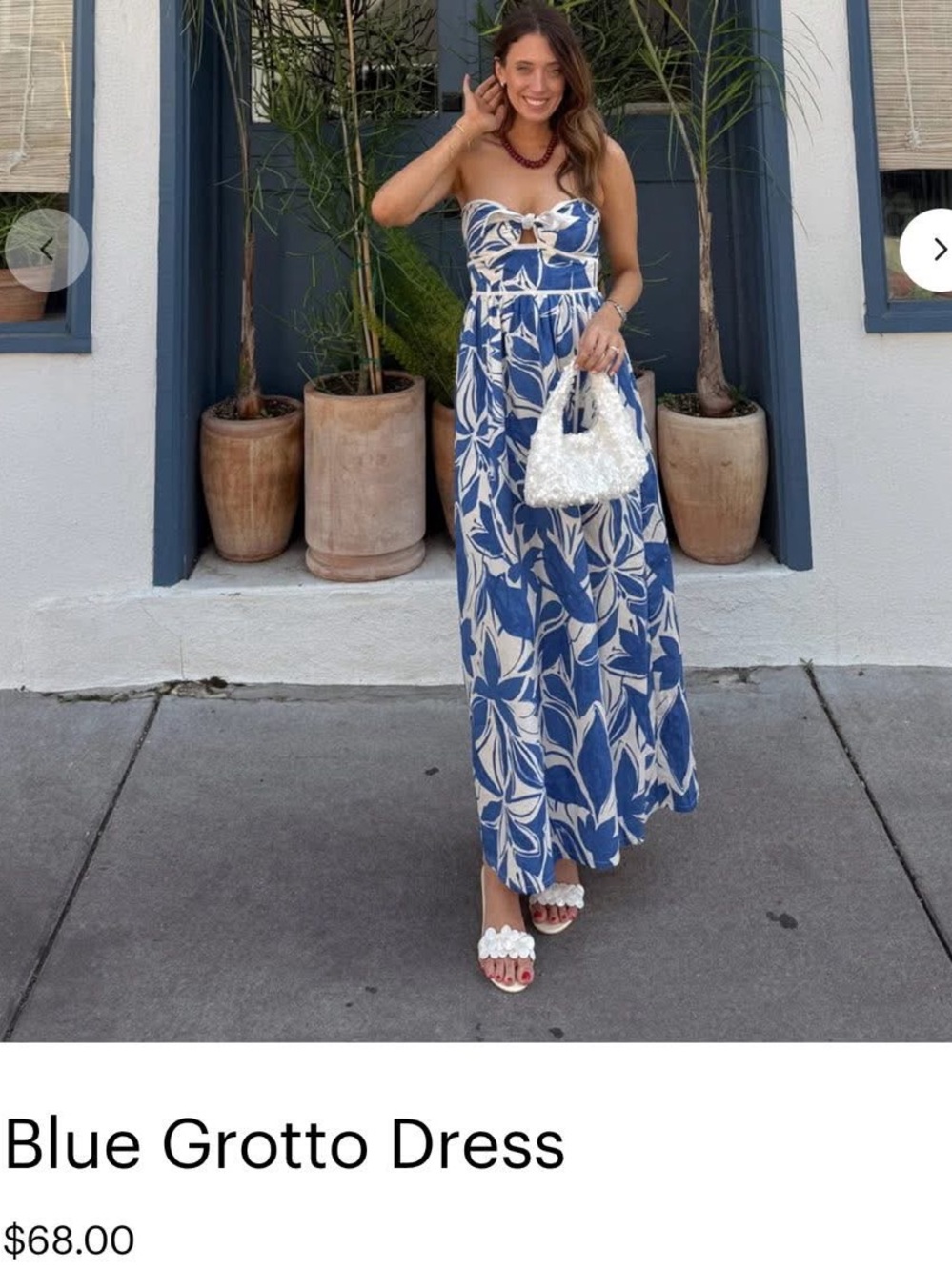 vestique Blue and Cream Strapless Leaf-Print Maxi Dress